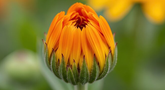 A vibrant orange marigold flower in full bloom, with its petals unfurling to reveal the intricate patterns of the stamens.