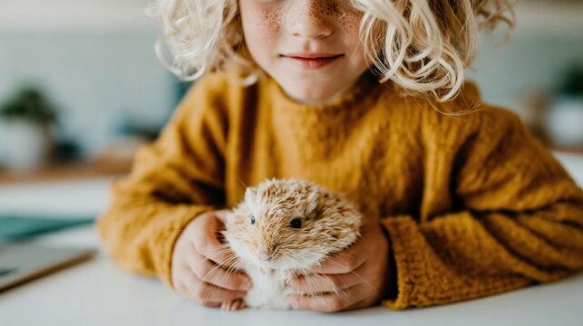 A joyful child gently holds a fluffy guinea pig while wearing a warm, oversized sweater, showing the bond between children and pets in a cozy indoor setting.