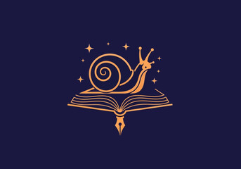 Minimalist snail on open book with stars and fountain pen © alpen