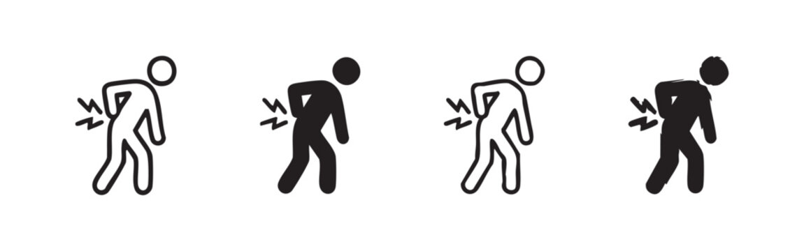 Back pain icon set, illustrating a person suffering from discomfort or injury in the lower back area.