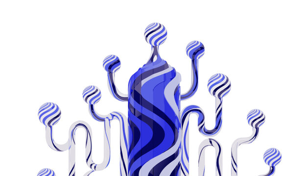 Glass morphism smart city tower node with blue violet hues and wavy lines on white background