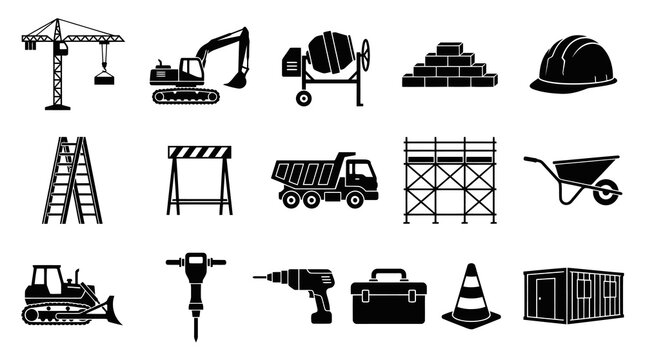 Construction Site Icons Set: Crane, Excavator, Truck, Tools, Hard Hat, Safety Cone, Container, Glyph