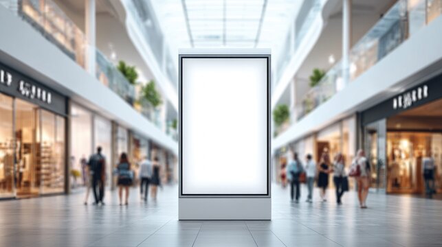 Blank digital billboard in a modern shopping mall with blurred shoppers walking by