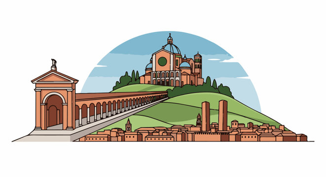 A stylized cityscape with a grand basilica on a green hill and ancient arcades
