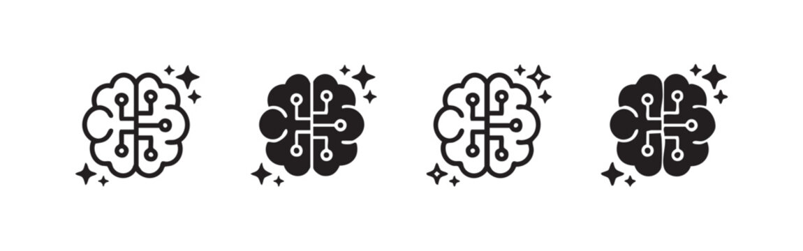 AI innovation and brilliant idea icon set, clever technology and enlightened intelligence, digital brain with circuit sparks.