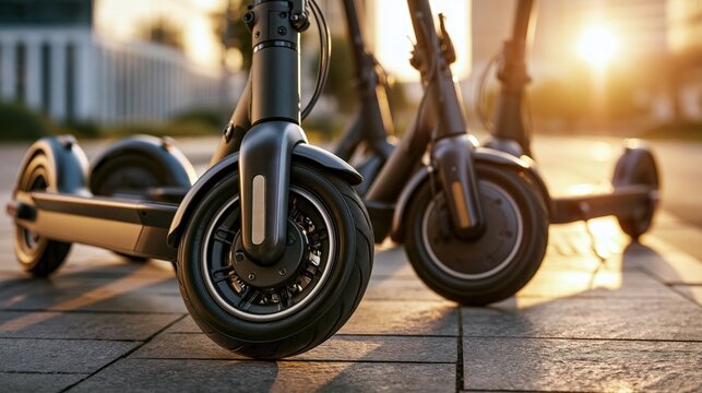 Close-up view of electric scooters parked on a cobblestone street during sunset, showcasing wheels and handlebars with urban buildings in the background