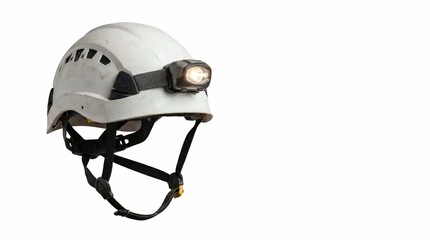 Fototapeta premium White hard hat with integrated headlamp for safety, construction, and adventure sports