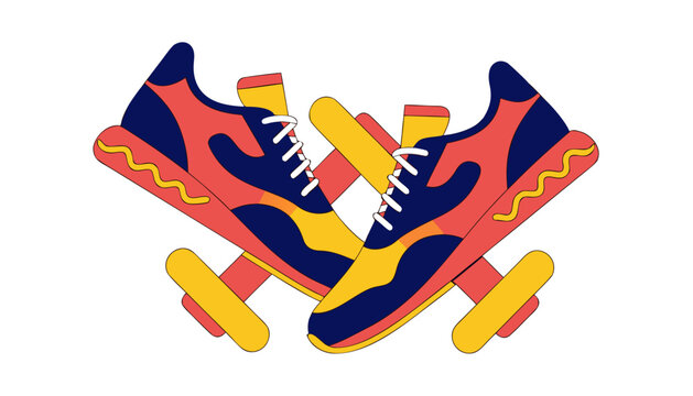 Colorful sneakers and dumbbells flat lay for fitness and workout motivation with vibrant orange yellow and blue hues on white background
