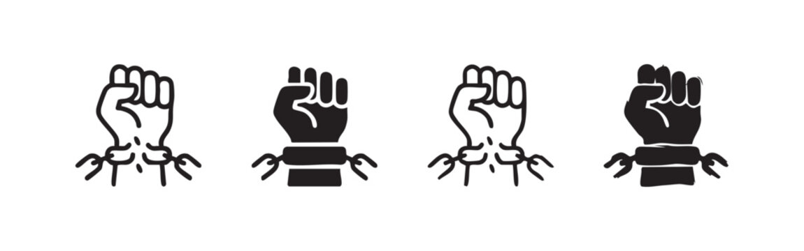 Icons of clenched fists with restraints representing freedom, struggle, and protest