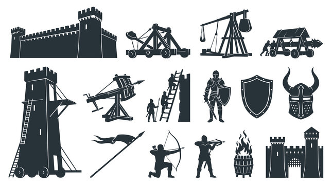 Medieval Castle Siege Weapons and Warriors - Black Silhouette Icons Set