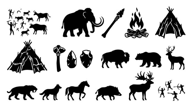 Prehistoric Stone Age Primitive Life Silhouettes - Caveman, Mammoth, Animals, Tools  Icons