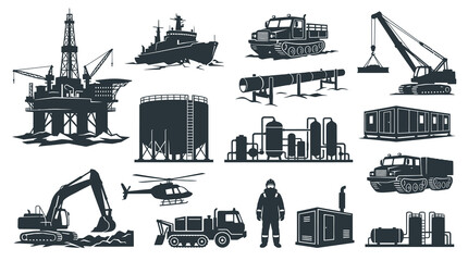 Obraz premium Industrial Silhouettes: Oil Rig, Ship, Crane, Excavator, Helicopter, Factory Icons