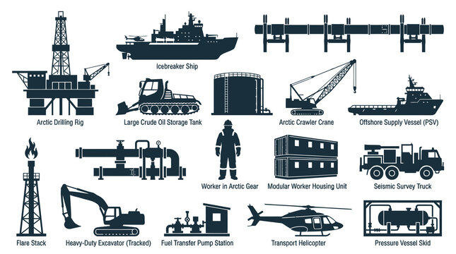 Oil and Gas Industry Icons: Offshore Drilling Rig, Ship, Crane, Excavator