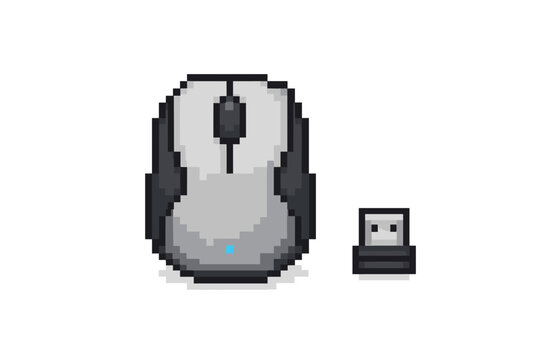 Pixel art wireless computer mouse and USB receiver set on white background. Minimalist digital peripheral illustration for gaming, office work, and retro tech concepts in a clean flat style.