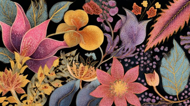 Indonesian batik designs showcase unique, special flower and leaf drawings.