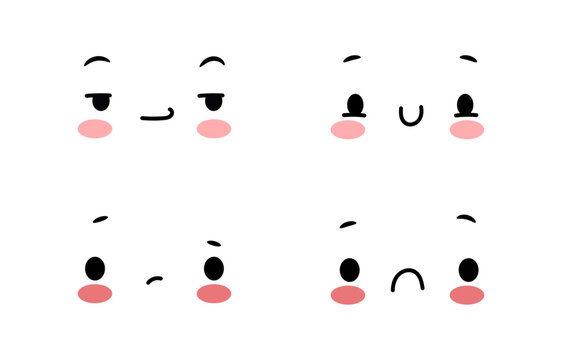 Mixed set of tiny kawaii facial expressions. Vector cartoon characters representing positive and negative moods. Smiling and sad icons for diaries and mood charts, teaching resources and stickers