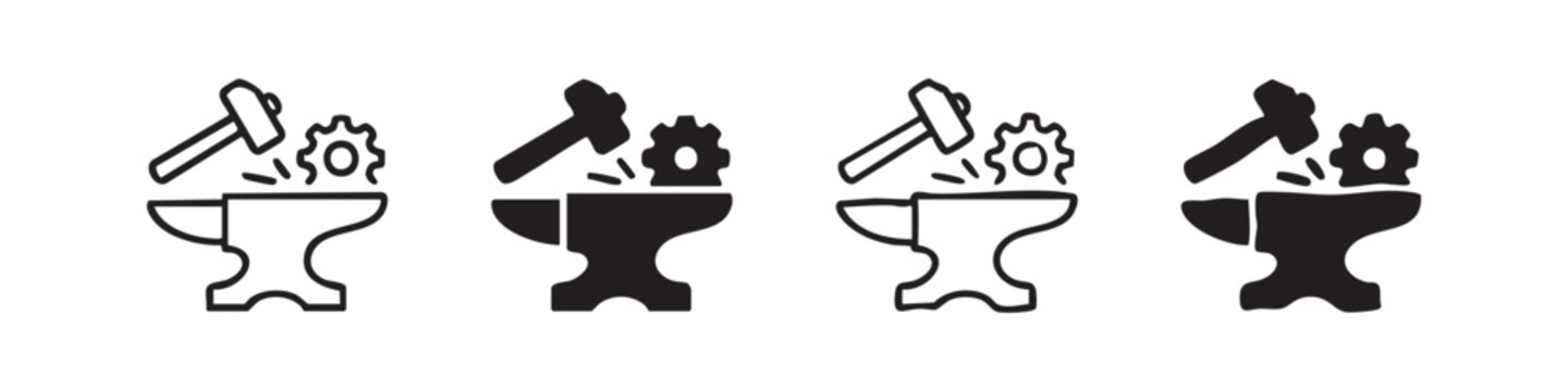 Icons depicting a blacksmith's anvil with a hammer, gear, and sparks.
