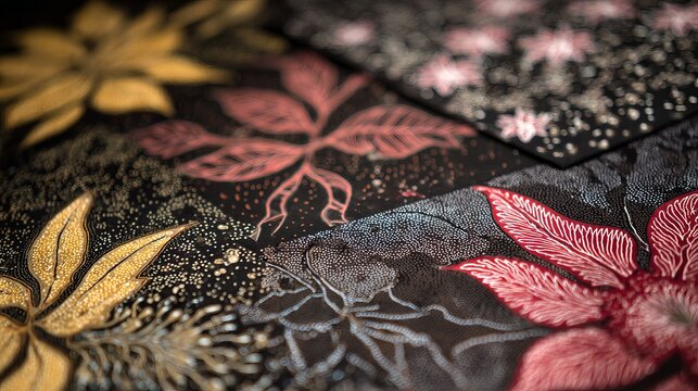 Indonesian batik designs showcase unique, special flower and leaf drawings.