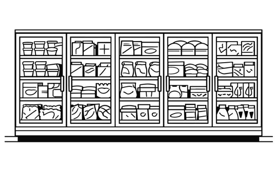 Detailed supermarket grocery store freezer section line drawing showcasing multiple glass door refrigerated displays for frozen food products in a modern retail interior environment layout.