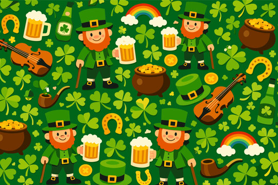 Festive St Patricks Day pattern vector seamless tile wallpaper featuring charming cartoon leprechaun character with lucky shamrocks clover and gold coins for holiday celebration background.