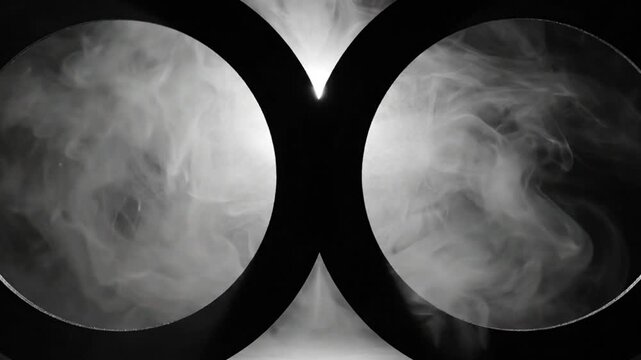 Abstract grayscale composition with two circular frames and billowing ethereal vapor providing a mysterious atmosphere