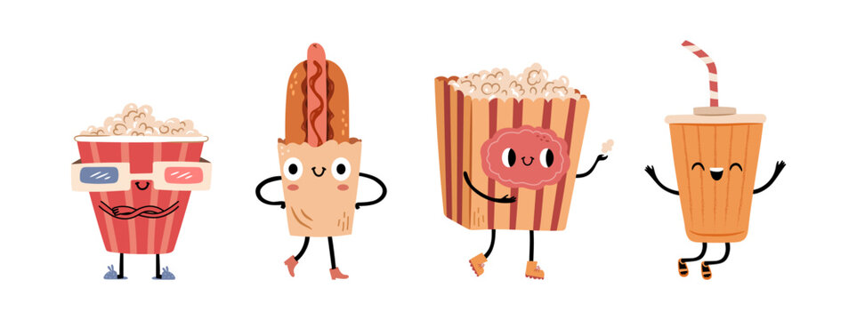 Happy funny movie mascot characters. Vector isolated smiling paper popcorn container wearing 3d glasses and hot dog, bucket with puffed corn and jumping cup with lid and straw. Emoticons or emoji