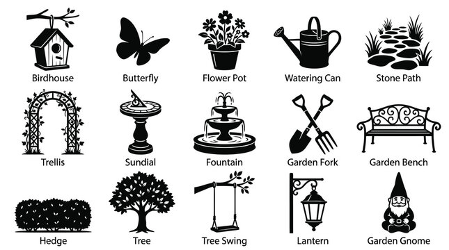 Garden Decor Icons Set Black and White Glyph Style
