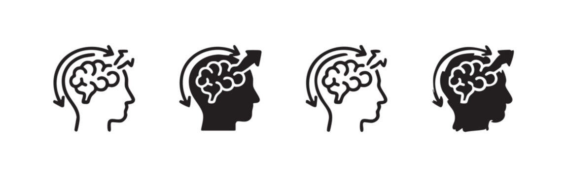 Brain processing icon set, human head profile with arrows