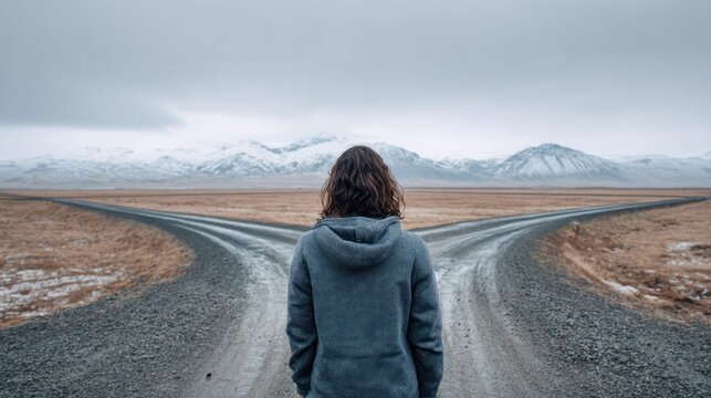 Person standing at a fork in the road in a vast, snowy mountain landscape