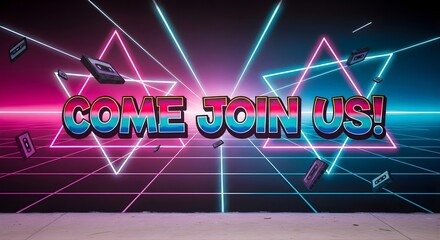 Naklejka premium 80s retro futuristic neon grid background with glowing “Come Join Us” text, ideal for tech events and nightlife promotions.