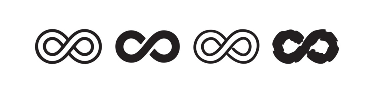 Set of four infinity loop icons: outlined, filled, outlined with torn edges, filled with torn edges