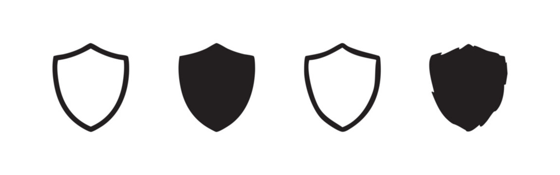 Set of four shield icons: outlined, filled, outlined with torn edges, filled with torn edges