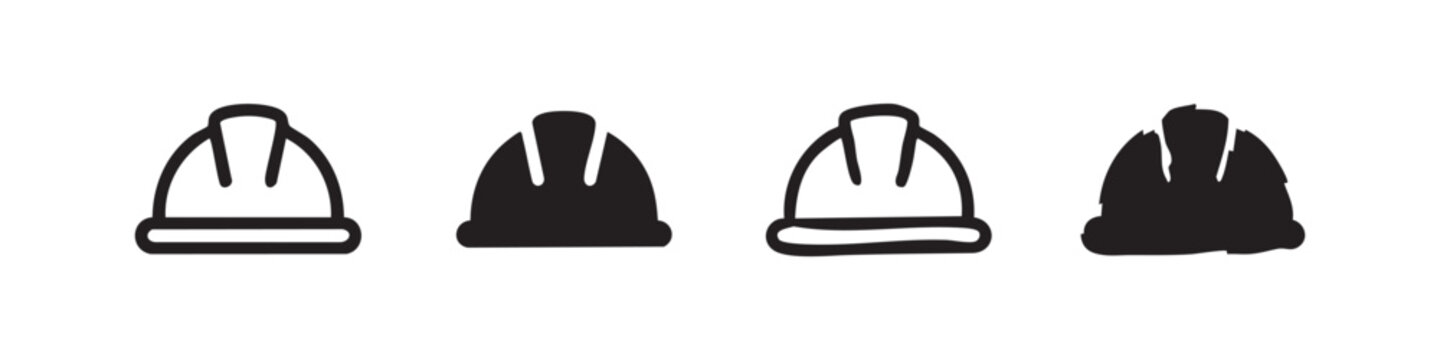 Set of four hard hat icons: outlined, filled, outlined with torn edges, filled with torn edges