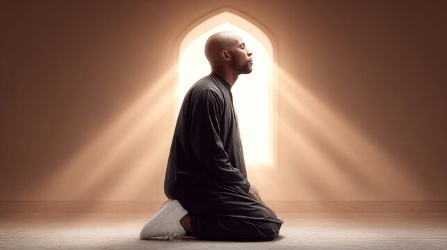 Man in traditional Islamic clothing praying in a mosque with sunbeams streaming through a window
