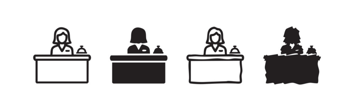Set of four reception desk icons: outlined, filled, outlined with torn edges, filled with torn edges