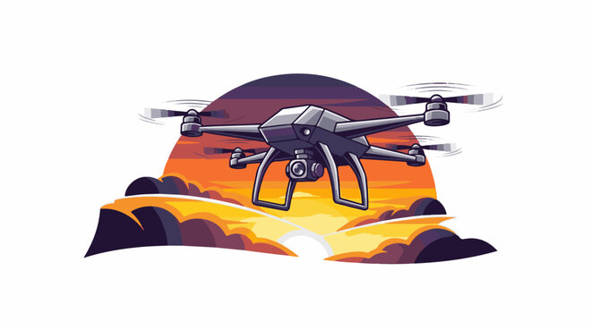 A futuristic drone flies in front of a dramatic sunset sky
