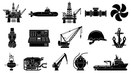 Obraz premium Offshore Oil Rig, Submarine, Crane, Anchor, Ship, Helmets, Props, Icons Set