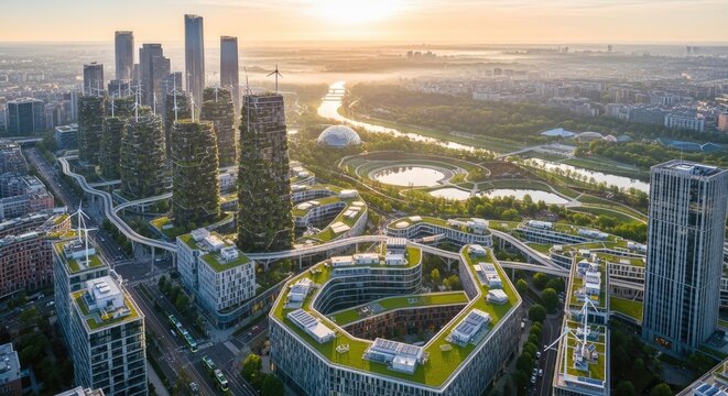 A sprawling metropolis nestled amidst a lush, verdant landscape, where towering skyscrapers pierce the sky and winding rivers meander through the heart of the city.