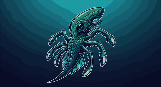 Pixelated alien creature with tentacles floats in dark ocean depths