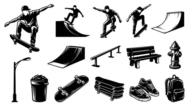 Black and White Line Art Vector Set: Skateboarding Extreme Sport Elements, Skaters, Ramps, Street Park Objects