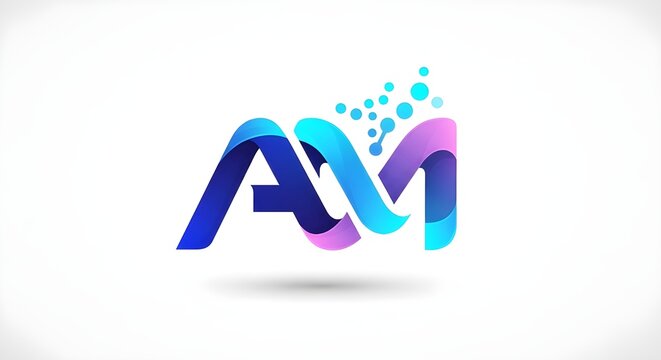 Modern ribbon-style AM logo with blue and purple gradient, glossy 3D effect and tech particle accents. Clean abstract design for business, technology, startup branding, identity and marketing material