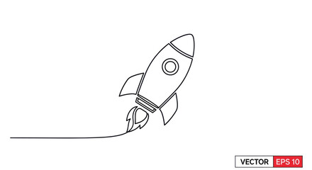 Minimalist rocket ship launching into space, line art vector illustration © Rizal