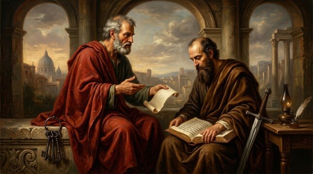 Saint Peter and Paul, esteemed apostles, engaging in scriptural discussion with ancient scroll and holy book, depicted amidst classic roman architecture.