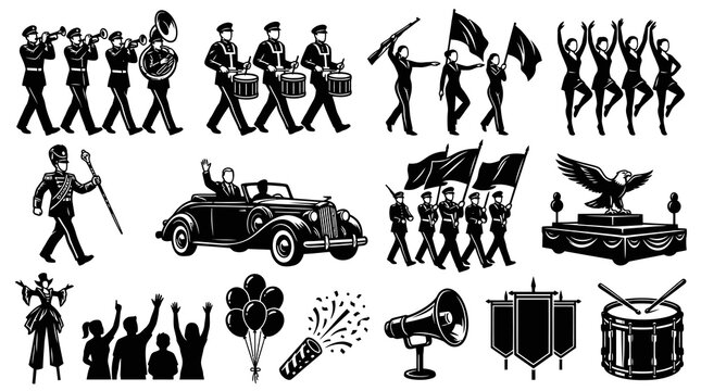 Monochrome Vector Illustrations: Parade, Military, and Celebration Elements for Events and Patriotic Themes
