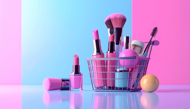 Online Beauty Shopping Basket with Cosmetics and Smartphone Checkout