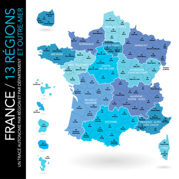 Carte de France / 13 r&eacute;gions et outre-mer avec d&eacute;partements, num&eacute;ros et chefs-lieux / Un trac&eacute; autonome par zone)	
