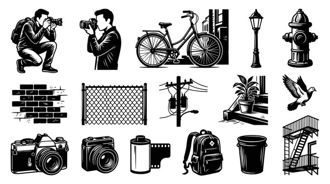 Black and White Line Art Collection of Photography and City Objects