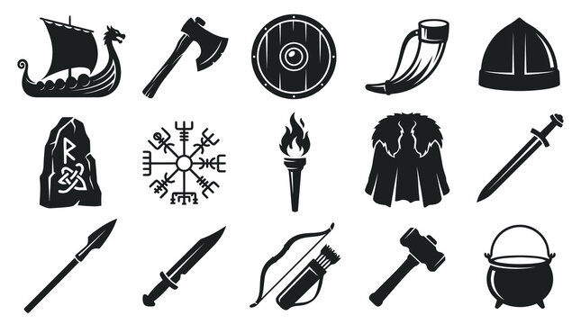 Viking Symbols Vector Icons: Ship, Axe, Shield, Horn, Helmet, Runestone, Torch, Cloak, Sword, Spear, Bow, Hammer, Pot