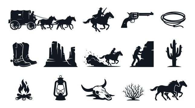 Western Vector Icons: Cowboy, Horse, Wagon, Cactus, Gun, Boots, Rope