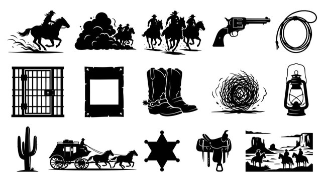 Wild West Cowboy Silhouette Vector Icons: Rodeo, Sheriff, Outlaw, Carriage, Cactus